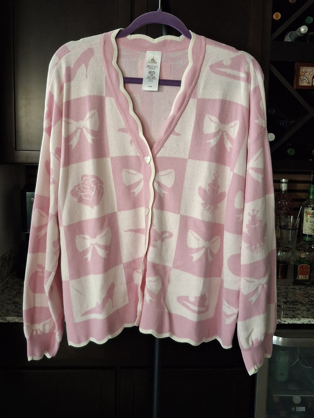 2025 Disney Parks Princess Pink Coquette Bows & Icon Knit Cardigan Sweater Sz XL